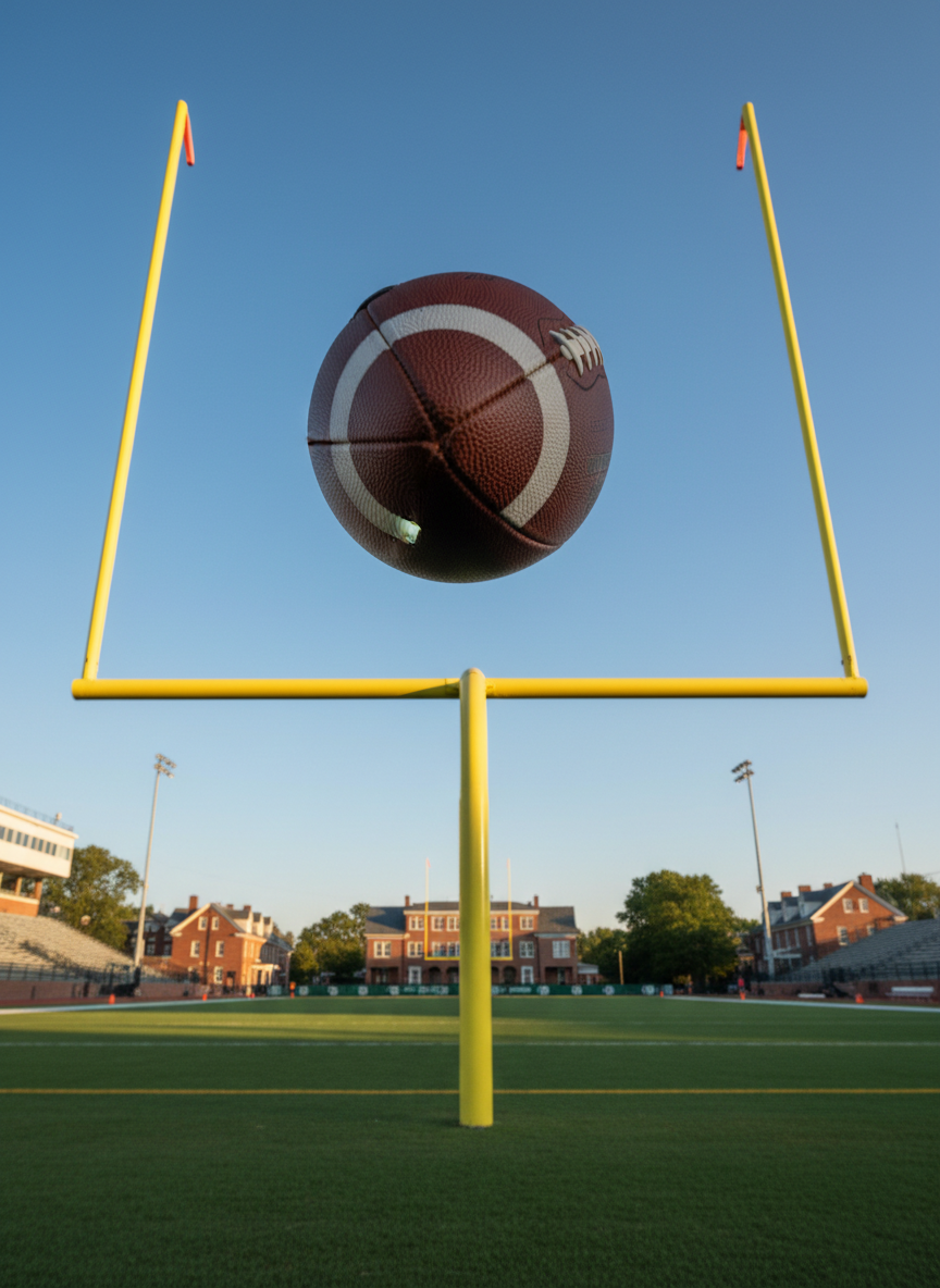 A dynamic, photographic realism image capturing the instant after a powerful field goal attempt: a spinning football is frozen mid-air, slightly blurred for motion, traveling directly toward the center of a bright yellow goalpost framed against a clear blue sky. The camera is positioned low behind the line of scrimmage, looking upfield so the football appears large in the foreground, with the distant goalpost and a quiet Connecticut stadium backdrop gently out of focus. Late afternoon sunlight creates a warm glow on the ball’s leather surface and subtle rim lighting on the goalpost uprights. The mood is focused and aspirational, emphasizing trajectory, accuracy, and the college-ready performance that personalized kicking coaching develops.