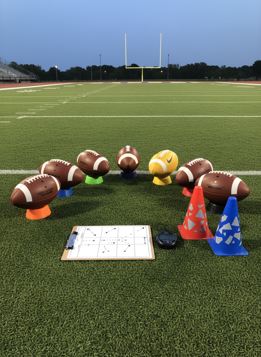 A meticulously organized kicking practice setup on a regulation field: several neatly arranged brown leather footballs in a semi-circle on lush green turf, each resting on slightly different colored tees to suggest various training drills. A laminated clipboard with a clean, minimalist drill diagram lies nearby on the turf, alongside a digital stopwatch and a pair of bright training cones subtly branded in generic colors. Soft evening light from stadium floodlights mixes with the cool blue of the fading sky, creating gentle reflections on the equipment. The photographic image is captured from a slightly elevated angle, with sharp focus throughout, conveying a professional, structured, and data-driven approach to kicking coaching for serious high school and college athletes in the Northeast.